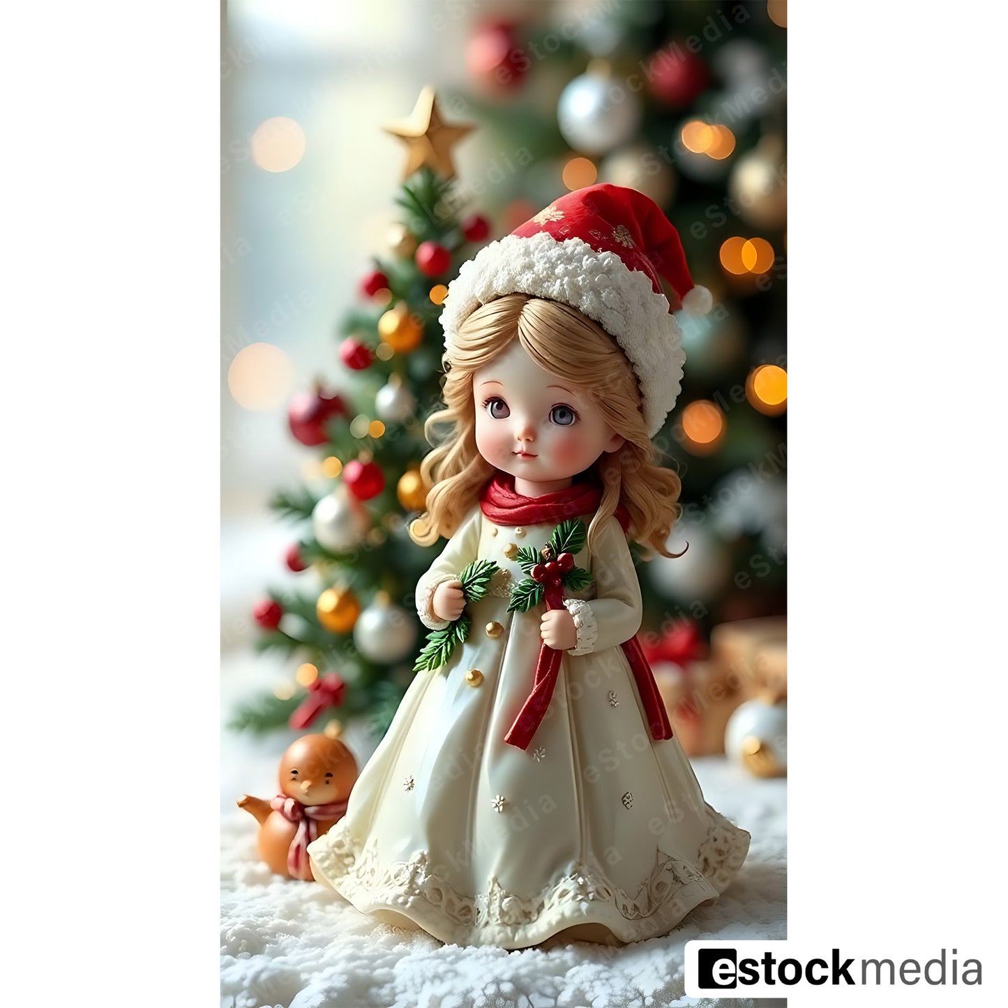 Christmas figurine in white dress and red scarf holding holly with Christmas tree