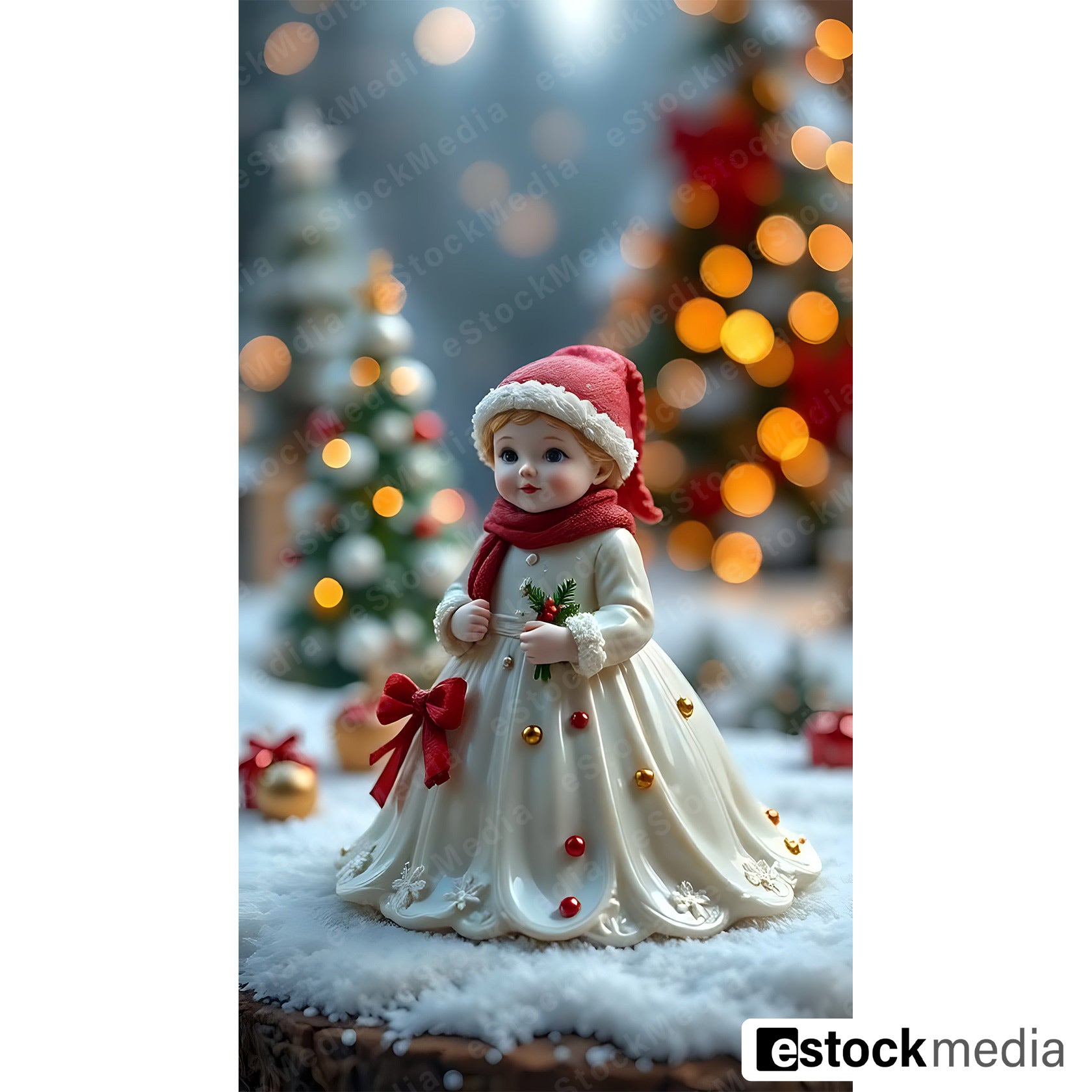 Christmas figurine in white dress and red scarf holding holly with Christmas tree