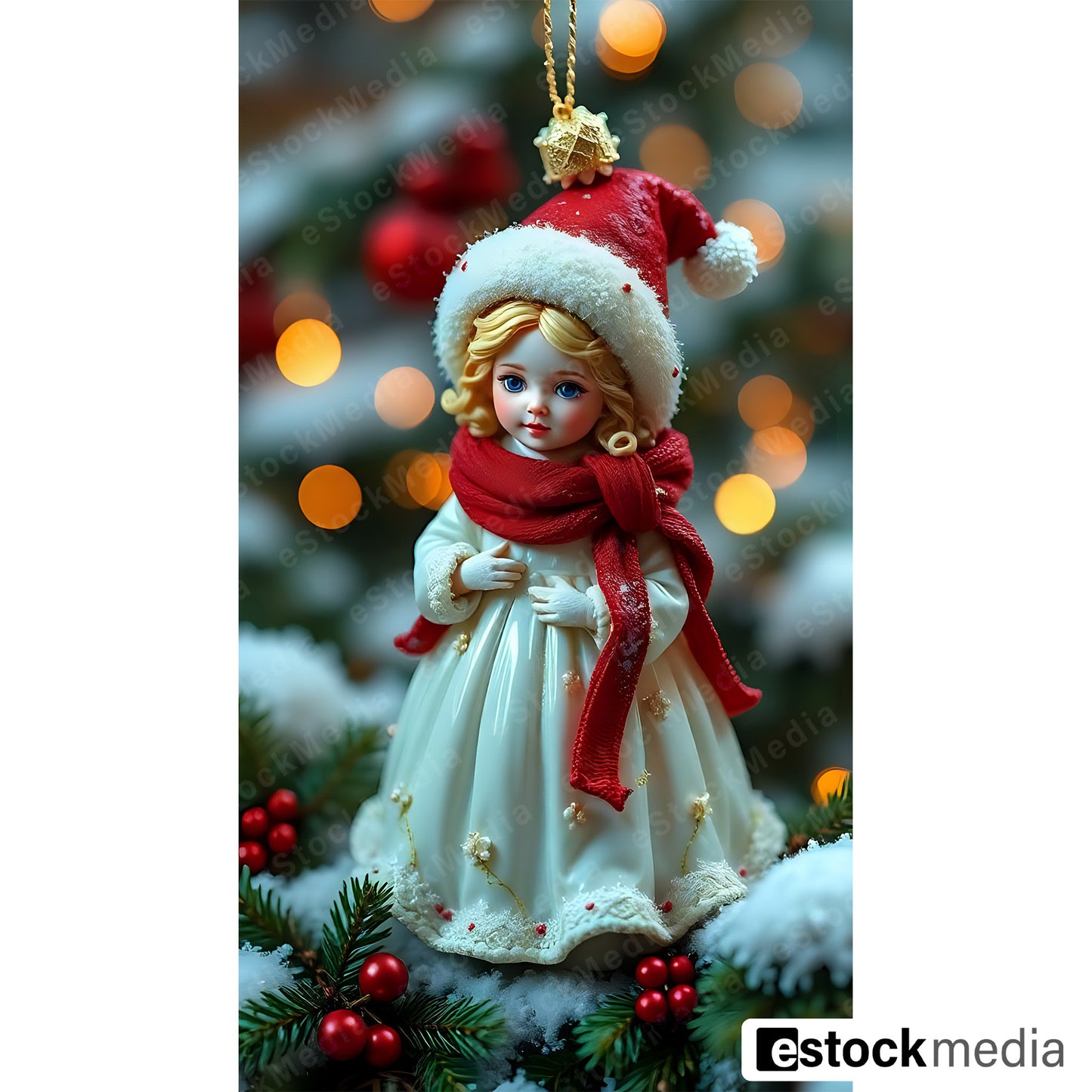 Christmas figurine in white dress, red scarf and Santa hat with colorful lights