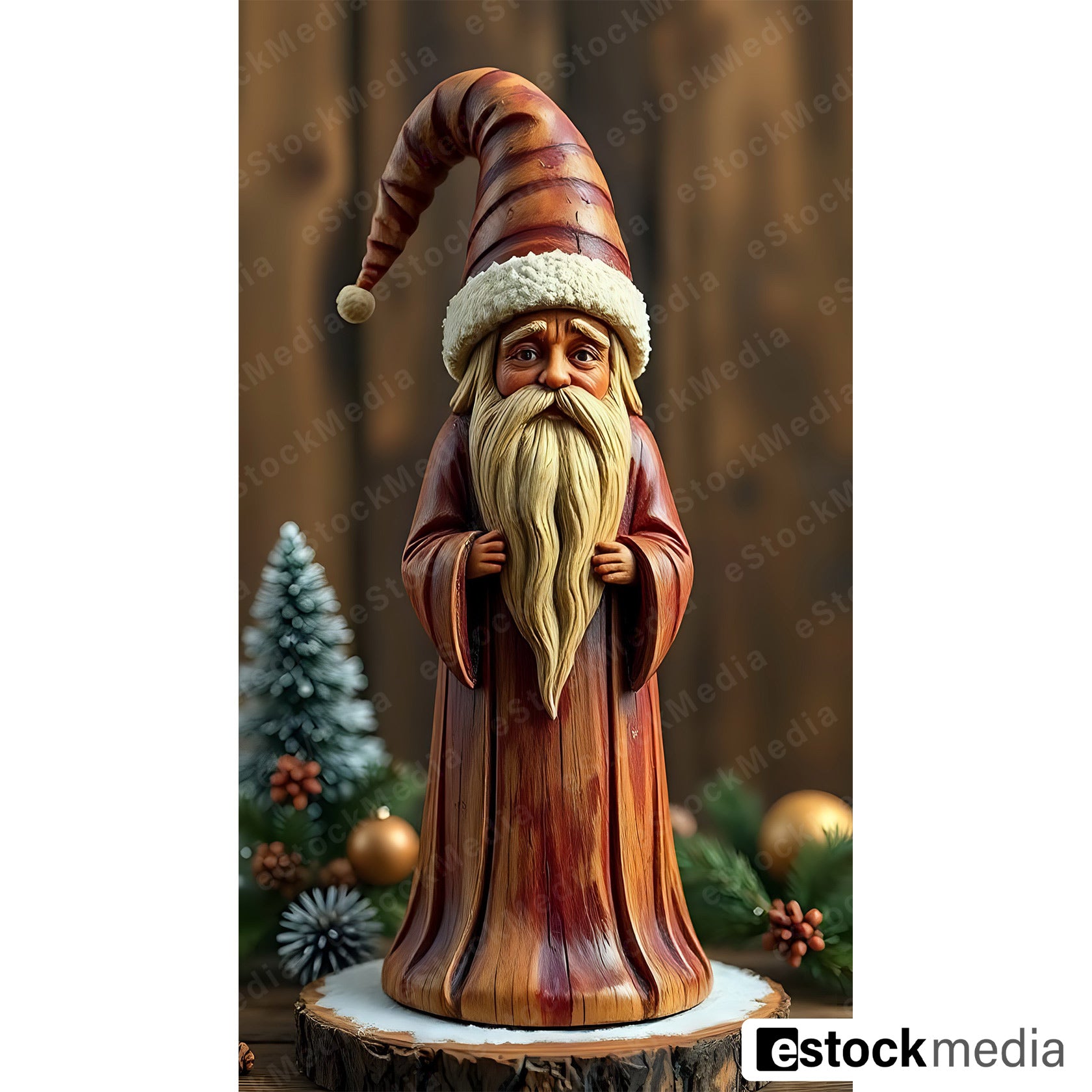 Wooden Santa Claus figurine with long beard and curled hat with Christmas decorations