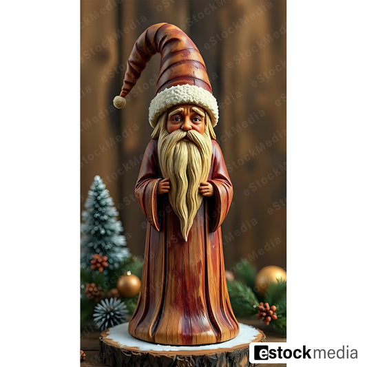 Wooden Santa Claus figurine with long beard and curled hat with Christmas decorations