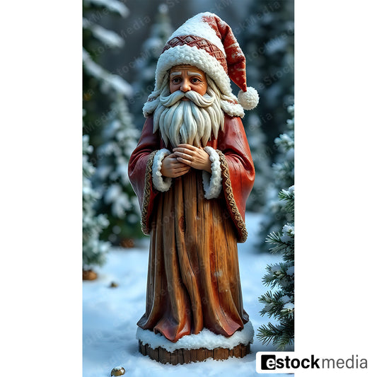 Wooden Santa Claus figurine in red outfit with white beard in snowy setting