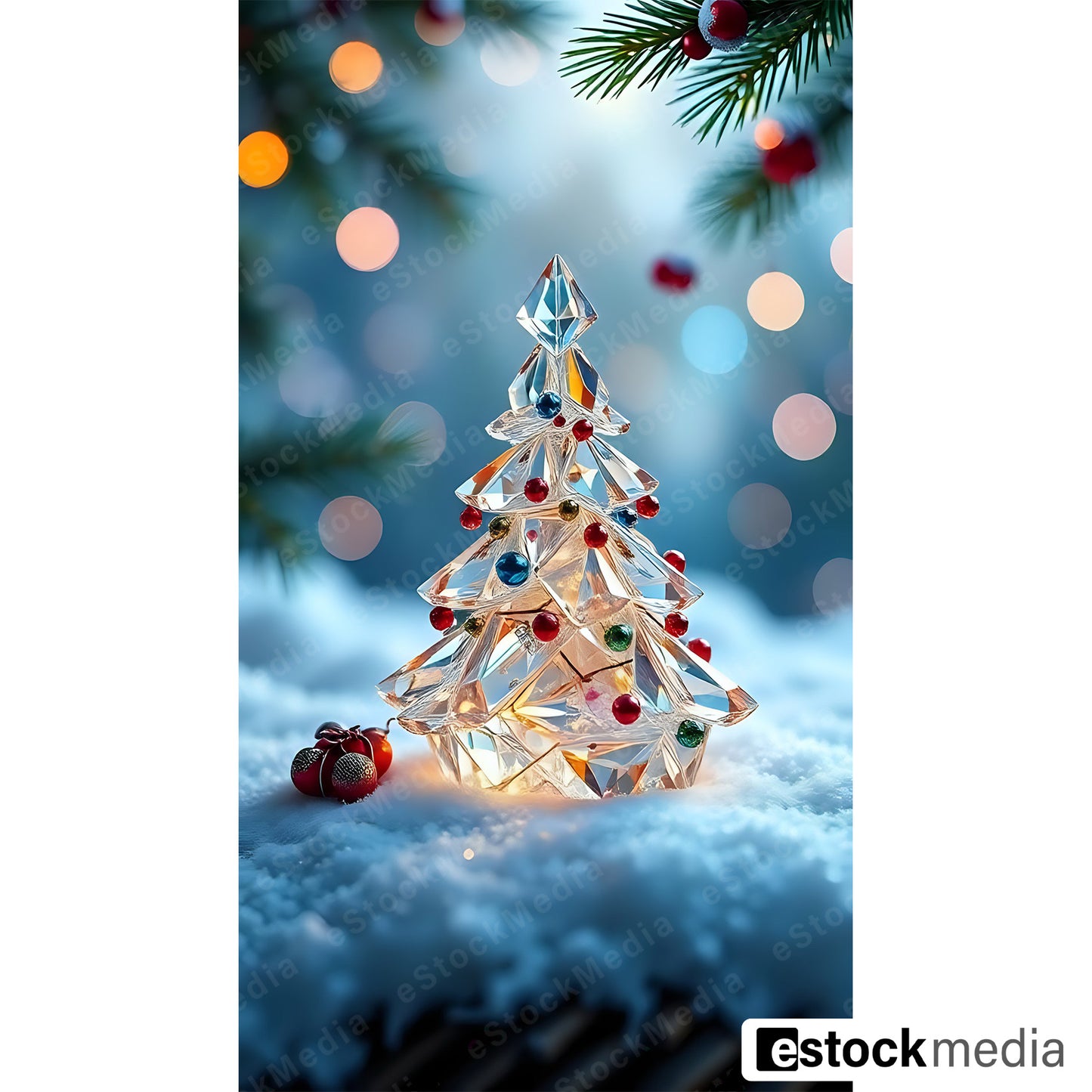 Crystal Christmas tree decoration with colorful ornaments in snowy setting