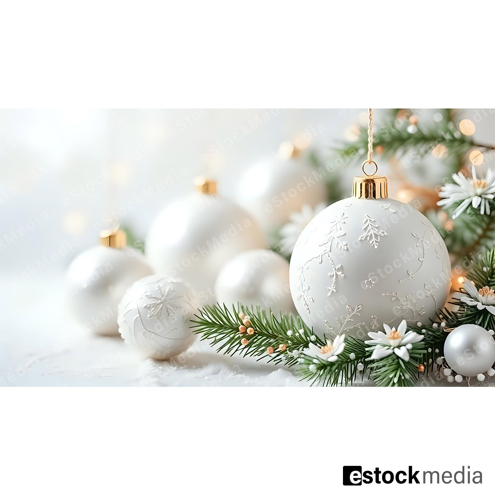 White Christmas ornaments with intricate designs among green pine branches and flowers