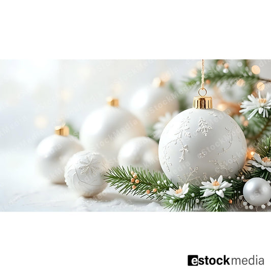White Christmas ornaments with intricate designs among green pine branches and flowers