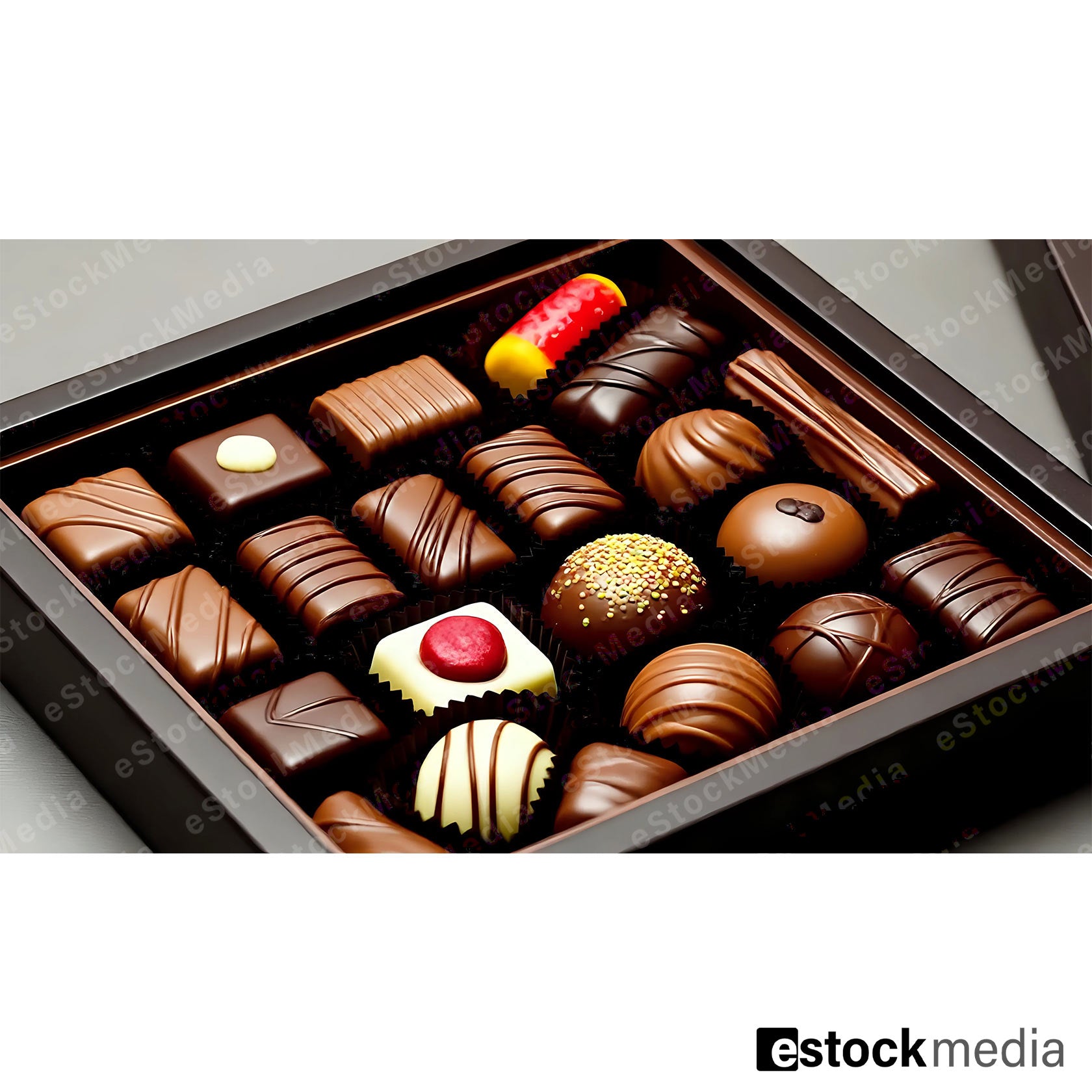 Assorted gourmet chocolates in elegant box with various shapes and toppings