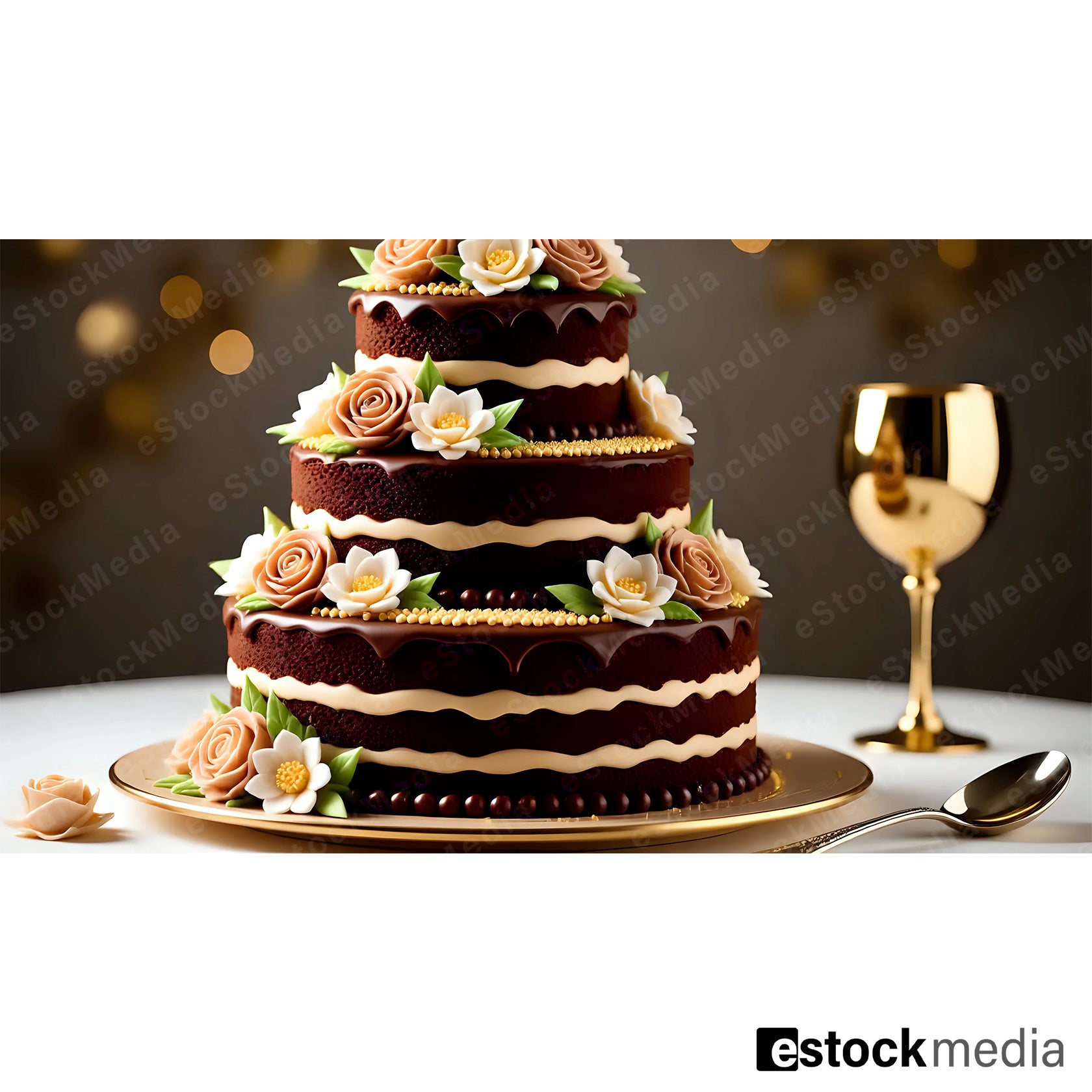 Three-tiered chocolate cake with white frosting and decorative swirls
