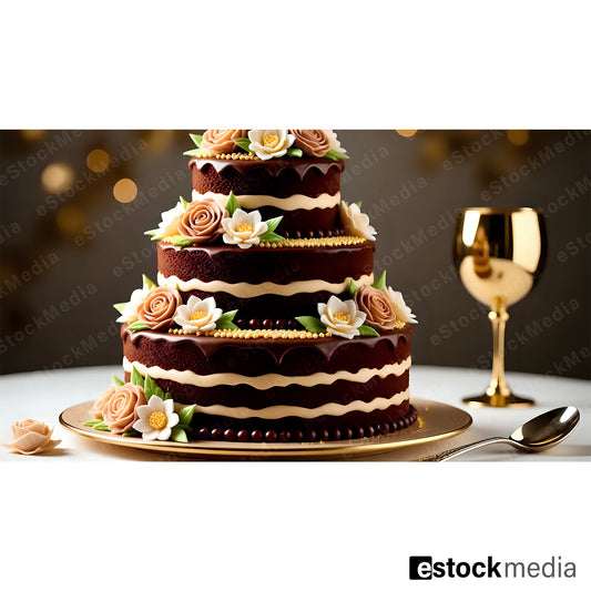 Three-tiered chocolate cake with white frosting and decorative swirls