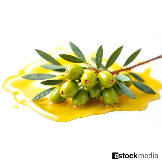 Fresh green olive branch with lanceolate leaves resting on a golden extra virgin olive oil splash on white background.