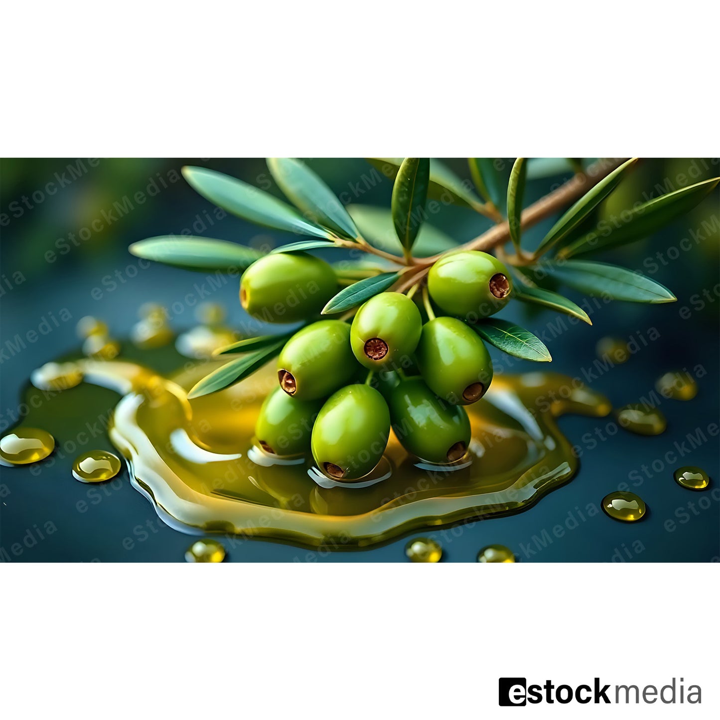Fresh green olive branch with seven glossy green olives resting in golden extra virgin olive oil puddle with scattered oil droplets on deep dark blue surface and blurred green background