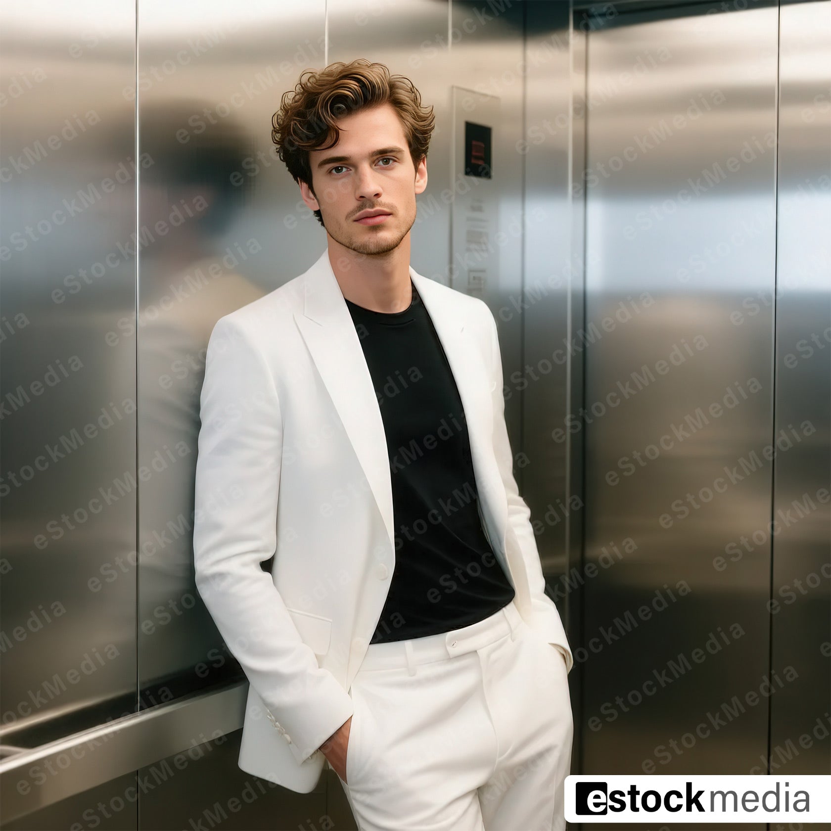 Confident young man with tousled curly brown hair and light stubble in white blazer over black crew-neck t-shirt and white trousers leaning casually against polished steel elevator wall with one hand in pocket