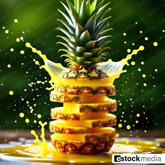 A stacked sliced pineapple with splashes of juice against a blurred background.