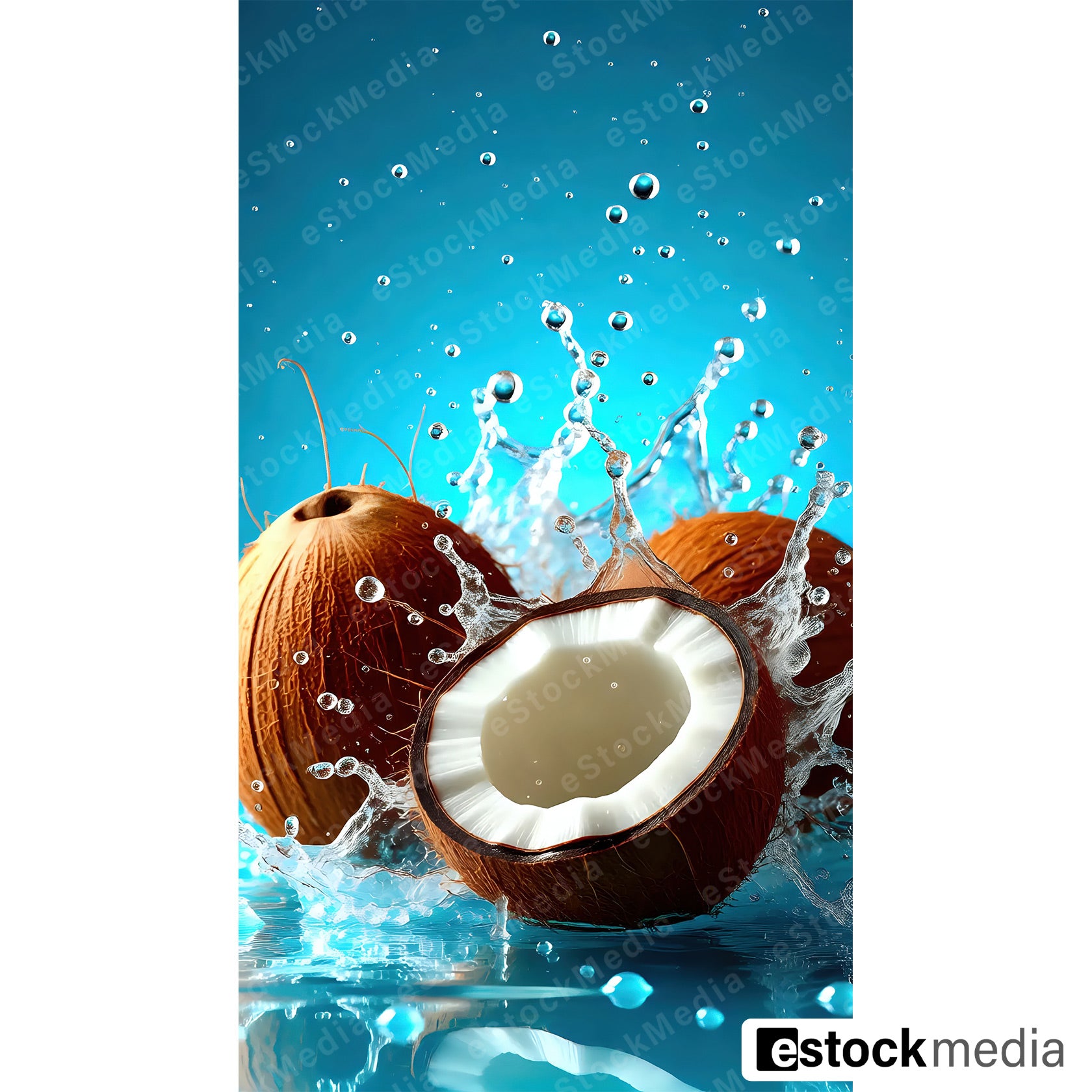 Three coconuts with one cracked open showing white flesh erupting in a high-speed water splash on turquoise background.