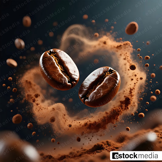 Two roasted coffee beans suspended mid-air with swirling coffee dust against a dark cinematic background.