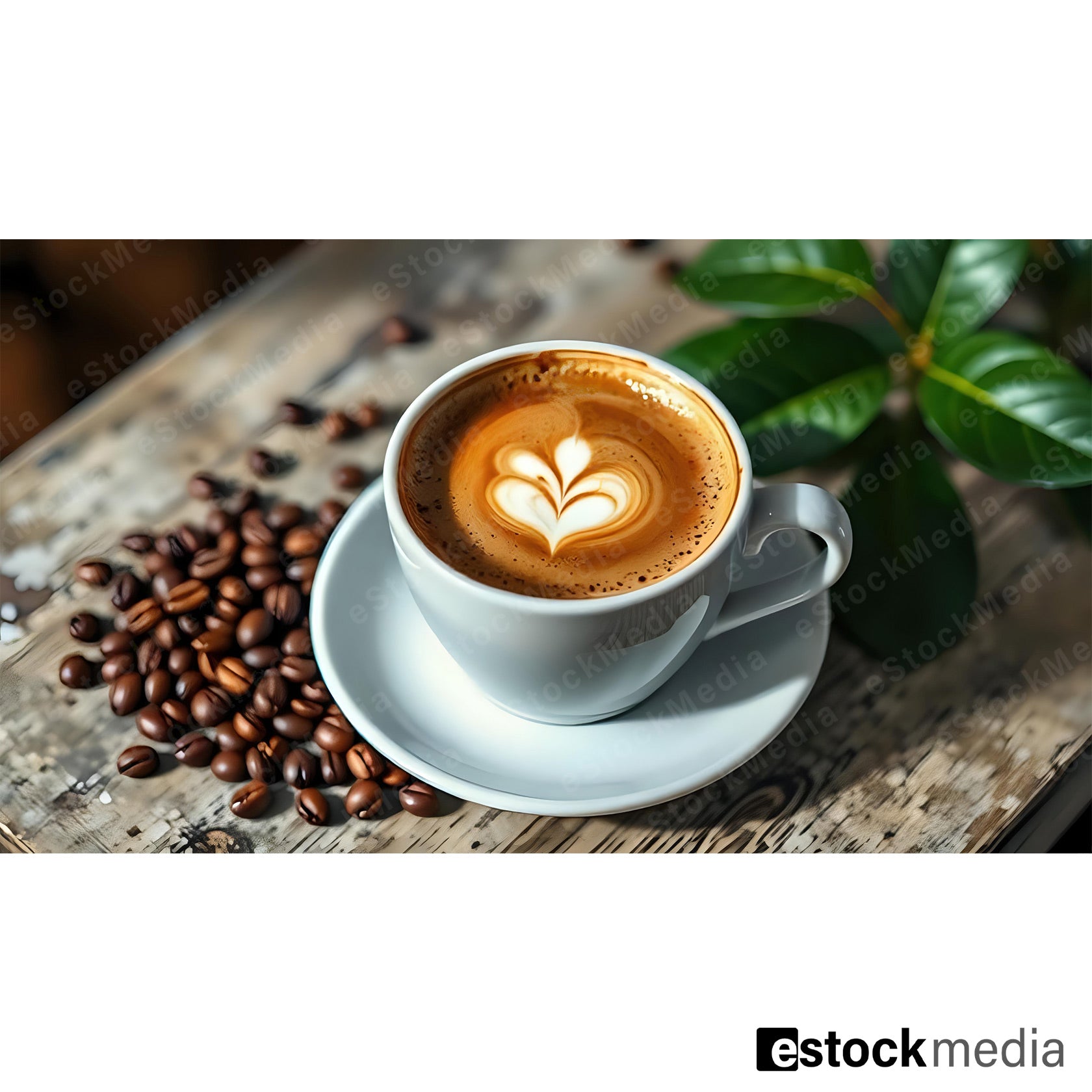 Cappuccino with intricate heart and flower latte art pattern in white ceramic cup and saucer on weathered rustic wooden table with roasted coffee beans scattered to the left and green coffee plant leaf in upper right corner