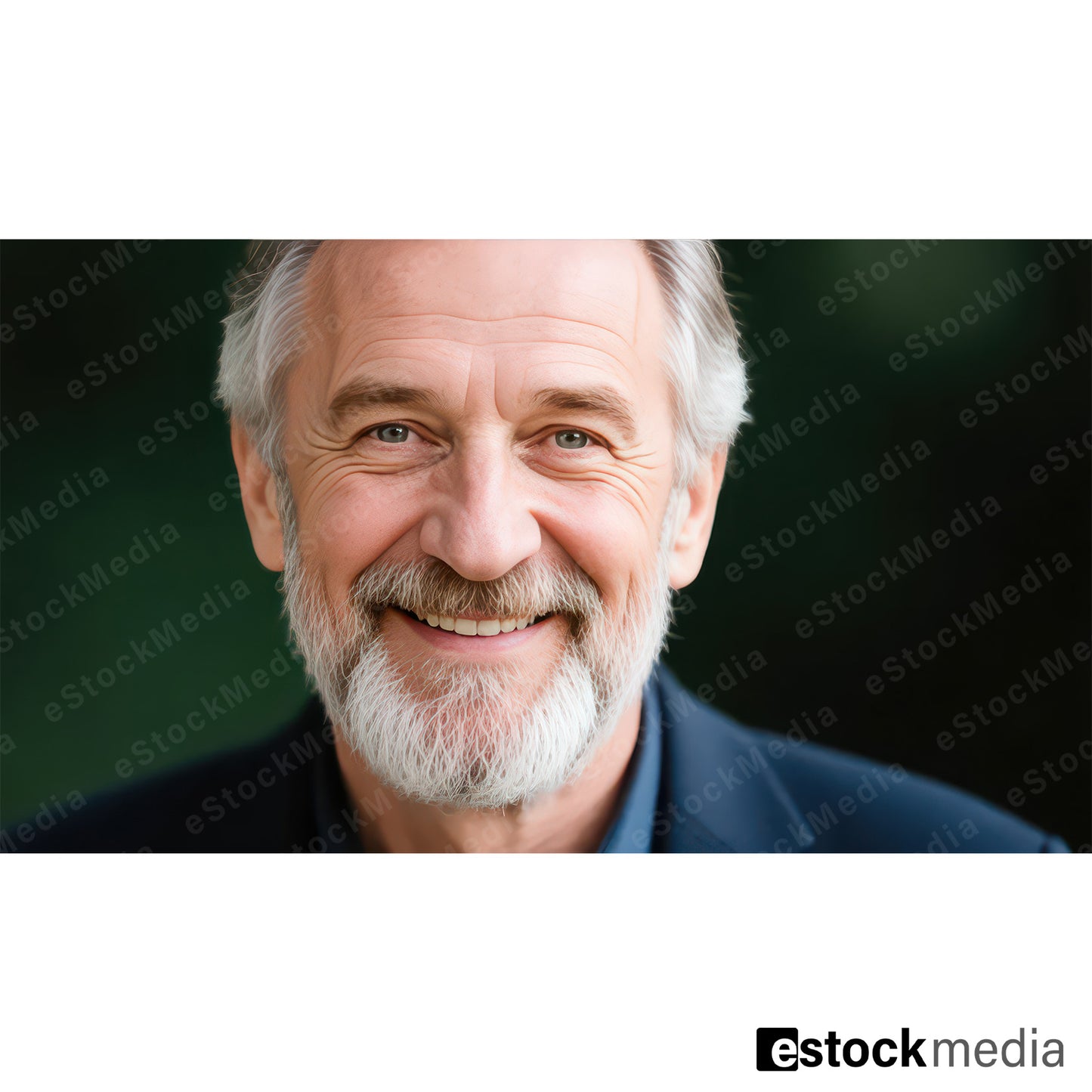 Close-up portrait of cheerful elderly man with grey-white hair and full grey-white beard and green eyes wearing blue shirt and dark blazer smiling warmly against softly blurred dark green bokeh background