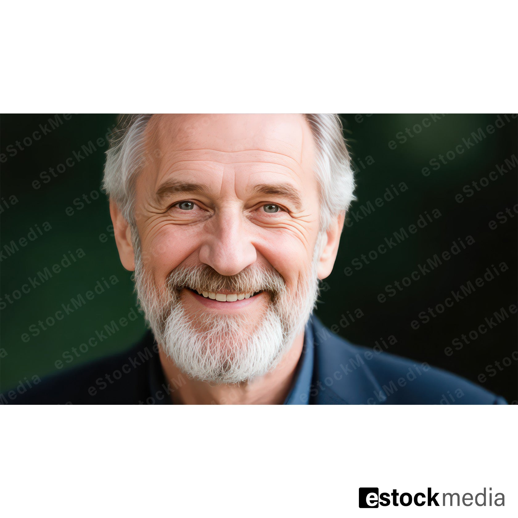 Close-up portrait of cheerful elderly man with grey-white hair and full grey-white beard and green eyes wearing blue shirt and dark blazer smiling warmly against softly blurred dark green bokeh background