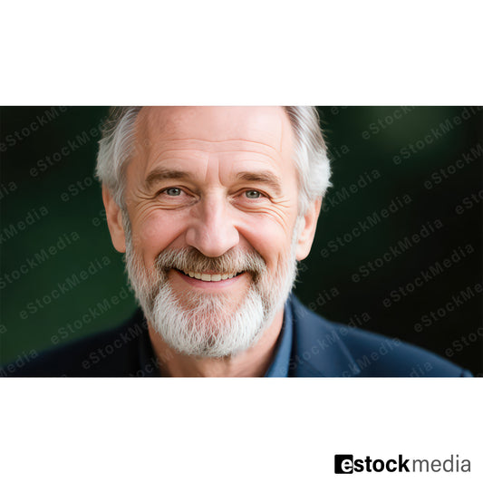Close-up portrait of cheerful elderly man with grey-white hair and full grey-white beard and green eyes wearing blue shirt and dark blazer smiling warmly against softly blurred dark green bokeh background