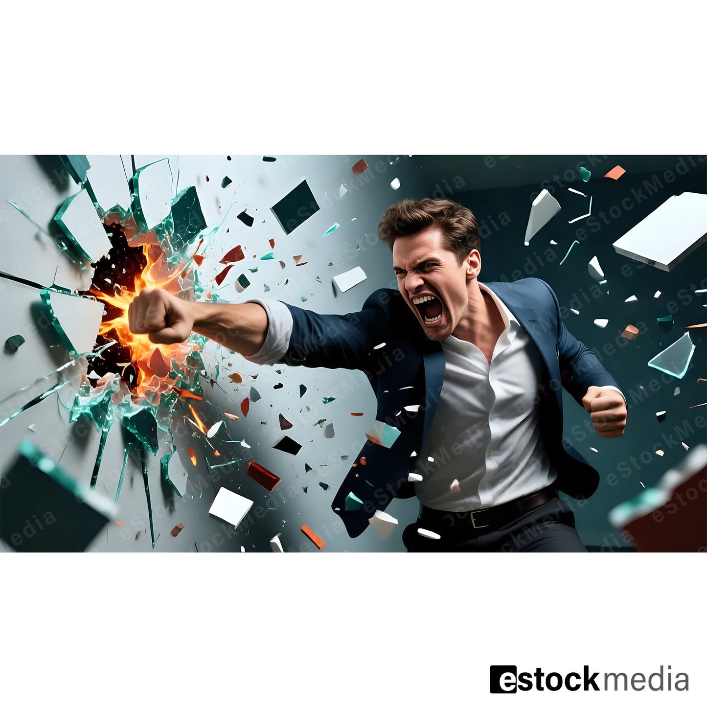 Furious young businessman in blue blazer and white shirt screaming while punching through glass wall with fire explosion and flying glass shards in dynamic breakthrough scene