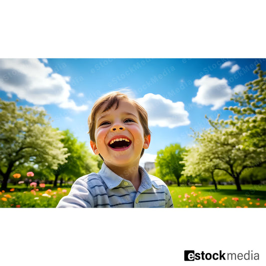Joyful young boy with short brown hair in light blue striped shirt laughing with wide smile in wide-angle shot in blooming spring park with orange and red flowers and blue sky