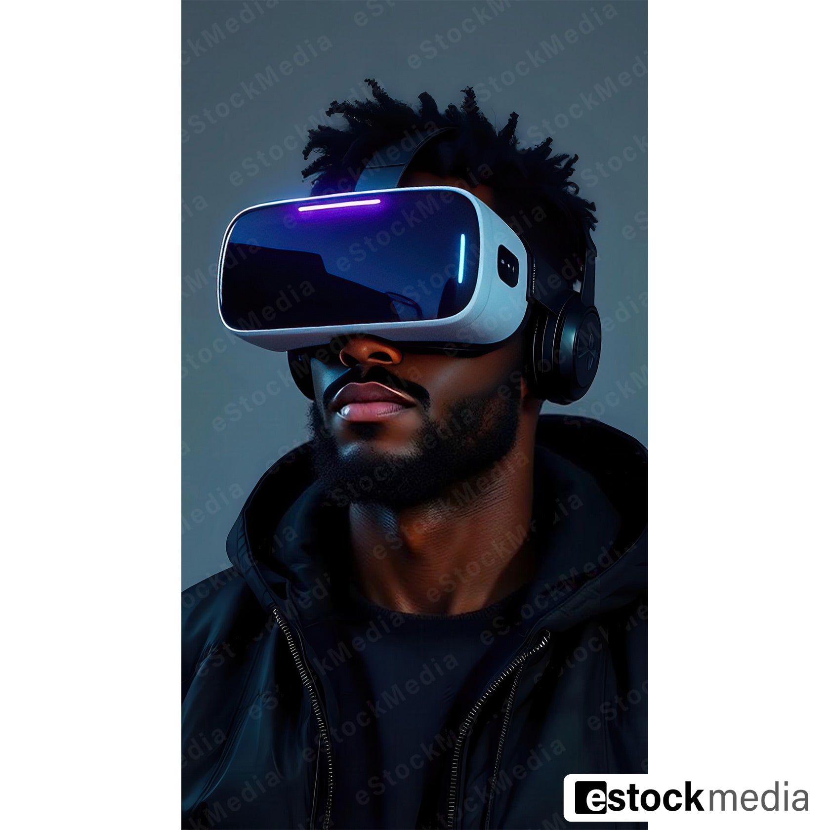 A man wearing a virtual reality headset, appearing focused and engaged in a digital experience.