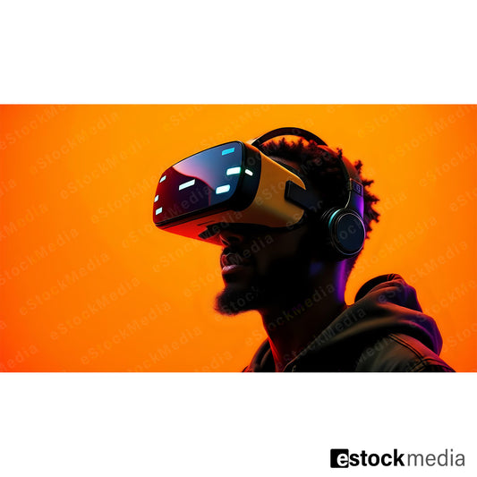 Young Black man with beard and curly hair in side profile wearing yellow-black VR headset with glowing cyan displays and over-ear headphones on vivid orange background with purple accents