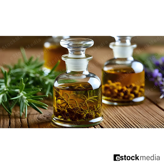 Glass jars filled with herbal infused oils alongside fresh rosemary and lavender