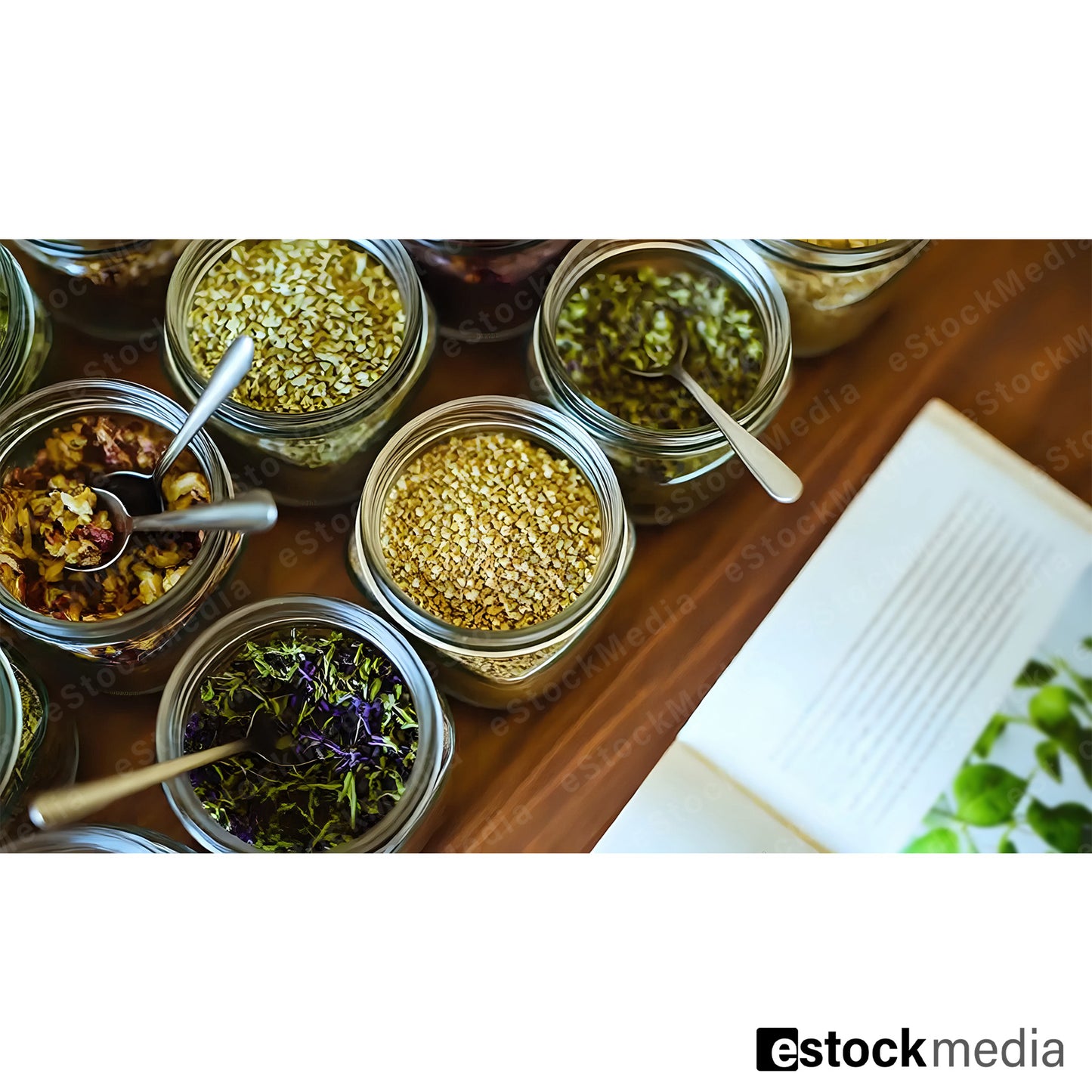 Assorted dried herbs in glass jars with an open herbal journal nearby.