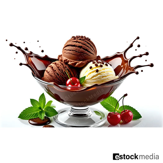 Three chocolate and vanilla ice cream scoops in glass coupe with chocolate sauce splash, cherries and mint on white background.