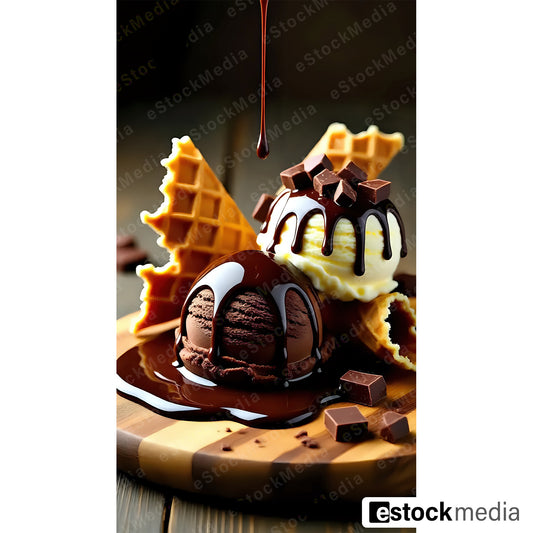 Chocolate and vanilla ice cream scoops on round wooden board surrounded by broken golden waffle pieces with hot fudge sauce drizzling from above and chocolate chunks scattered around