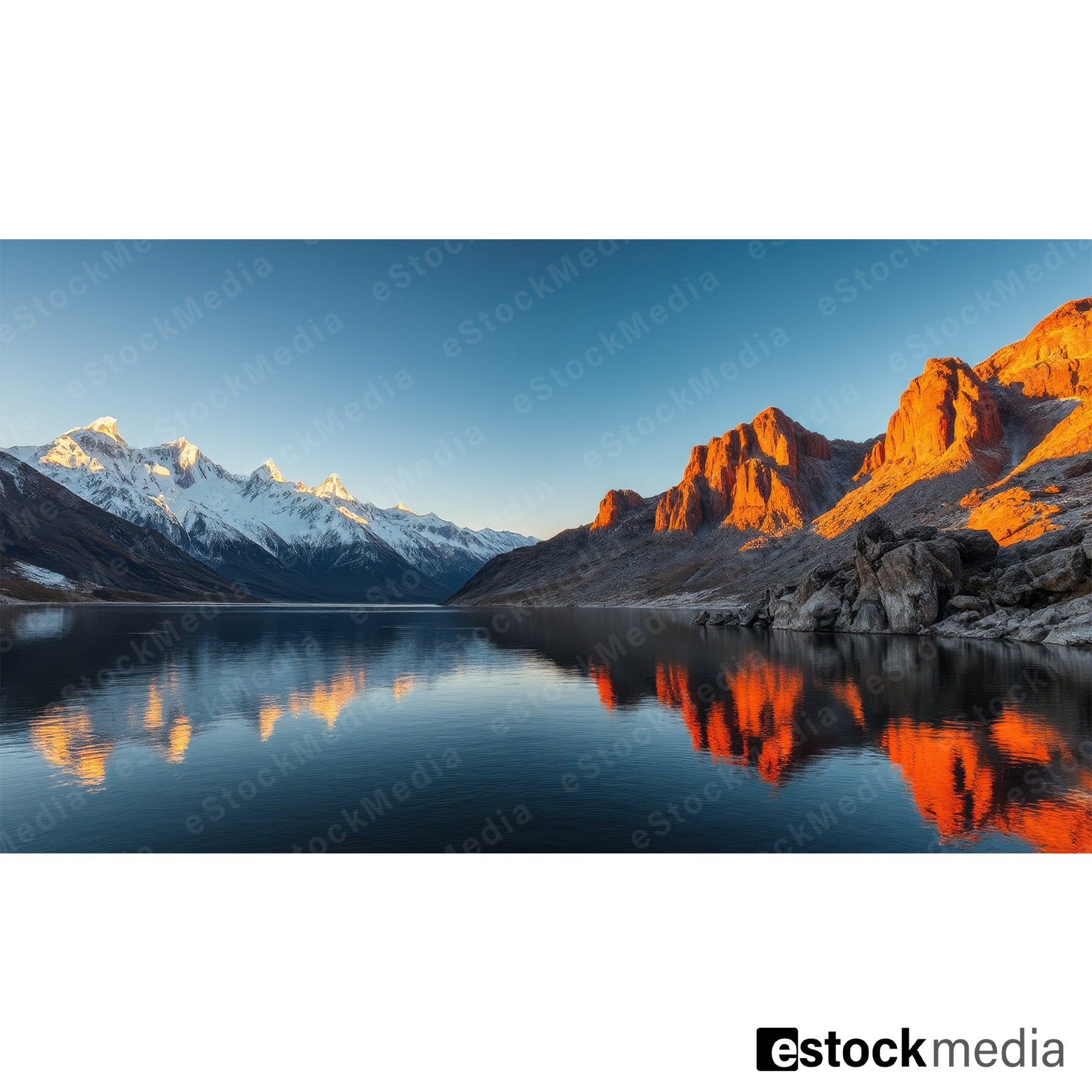 Snow-capped mountains and rocky cliffs reflecting in a calm lake at dusk, with warm colors illuminating the landscape.