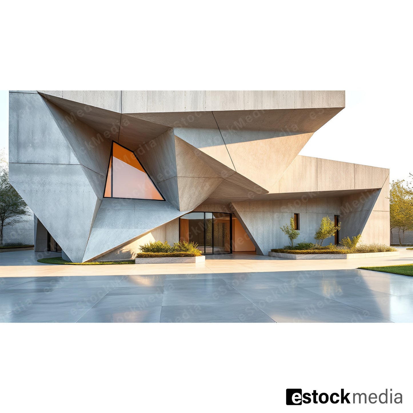 A modern concrete building with a dynamic geometric facade, featuring sharp angles and large glass windows, set against a landscaped background.