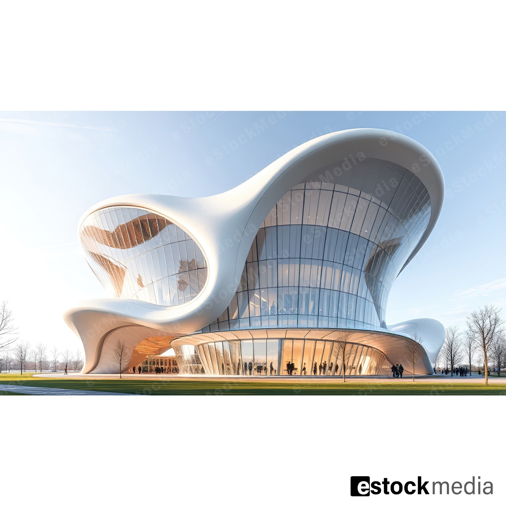 A futuristic building with a wave-like design and large glass surfaces, set in a landscaped environment, showcasing modern architecture.