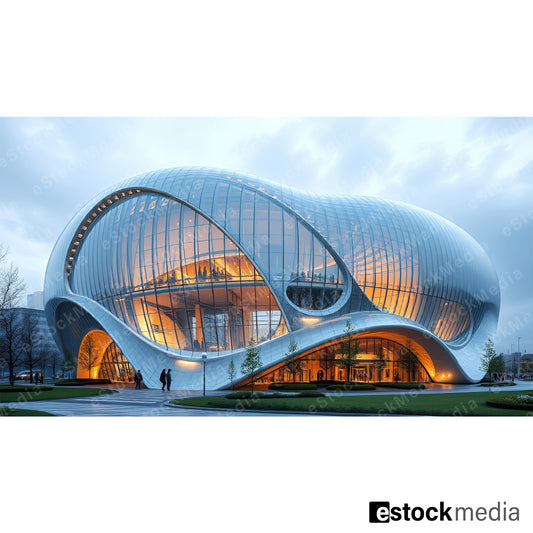 An innovative building with a curvilinear design and large glass panels, featuring a warm interior glow against a cloudy sky.