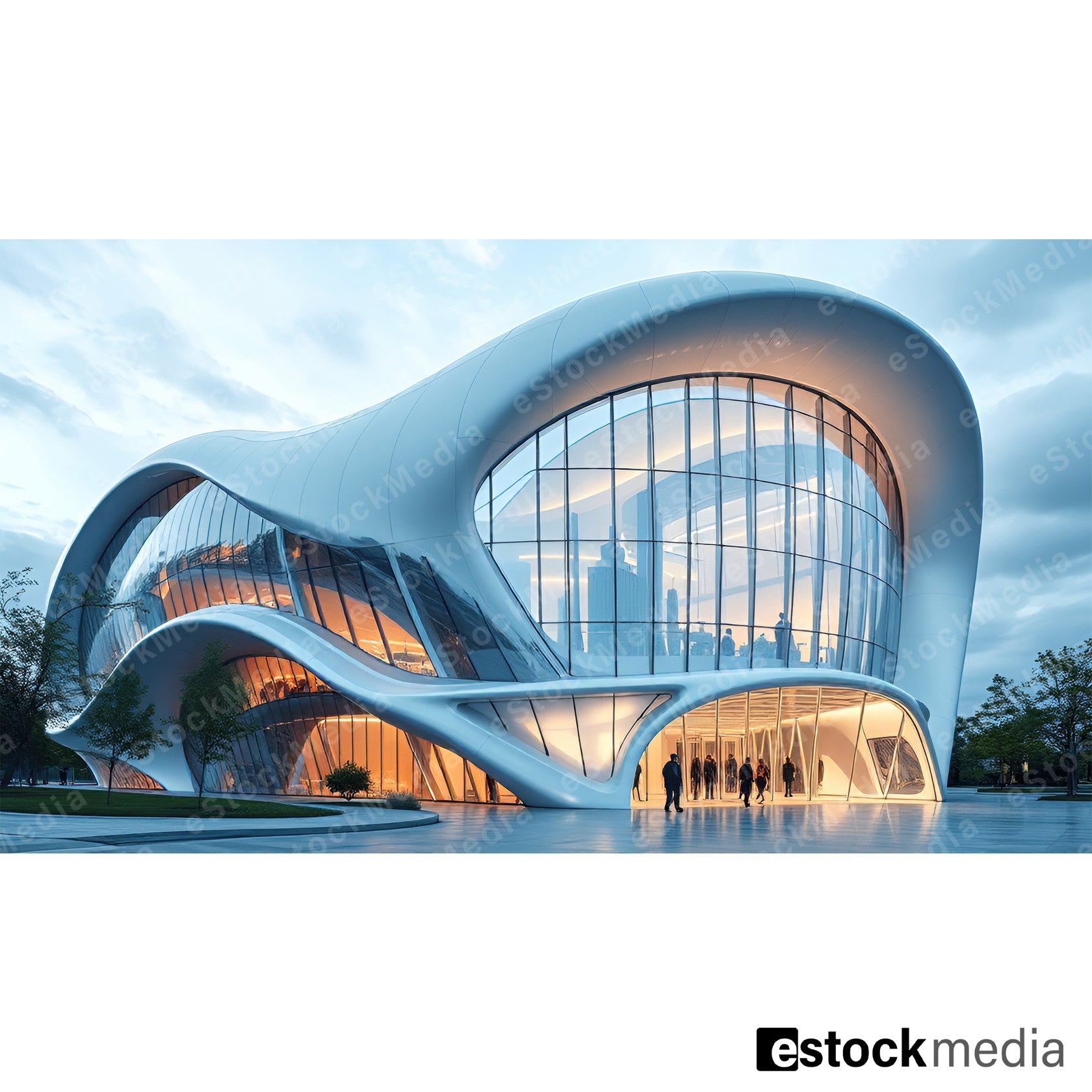 A dynamic organic building with a fluid design and large glass panels, set against a cloudy sky, showcasing modern architectural innovation.