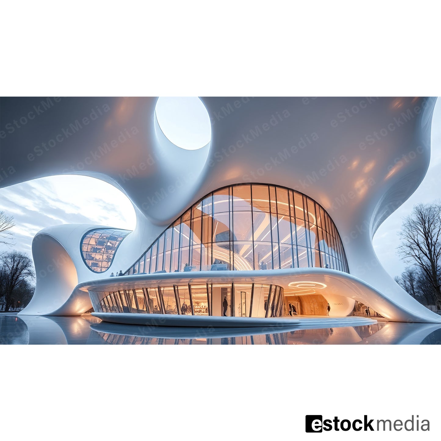 A futuristic building with a fluid design, large glass windows, and an organic exterior, set against a cloudy sky, showcasing modern architectural elegance.