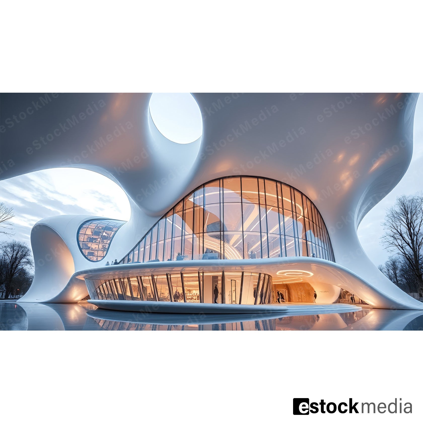 A futuristic building with a fluid design, large glass windows, and an organic exterior, set against a cloudy sky, showcasing modern architectural elegance.