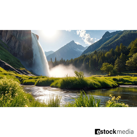 A breathtaking waterfall flowing down cliffs, surrounded by mountains and greenery, with sunlight creating a mist effect in the air, reflecting in the nearby river.