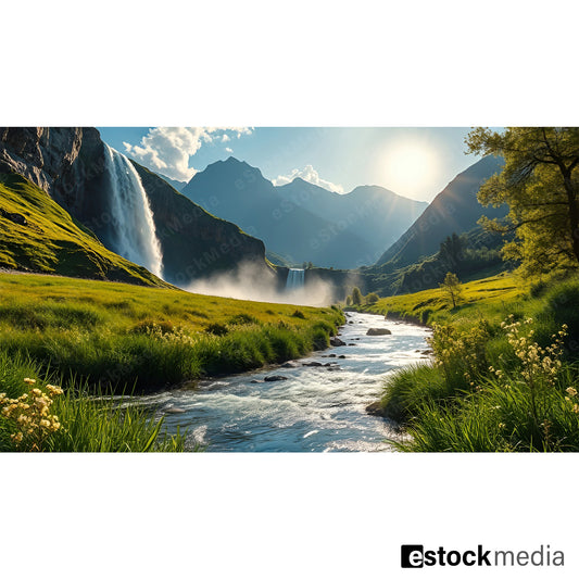 A picturesque waterfall flowing into a river, surrounded by green hills and mountains, illuminated by sunlight under a clear blue sky.