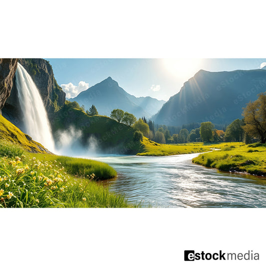 A beautiful waterfall flowing into a river, surrounded by green meadows and mountains, illuminated by sunlight with a clear blue sky above.