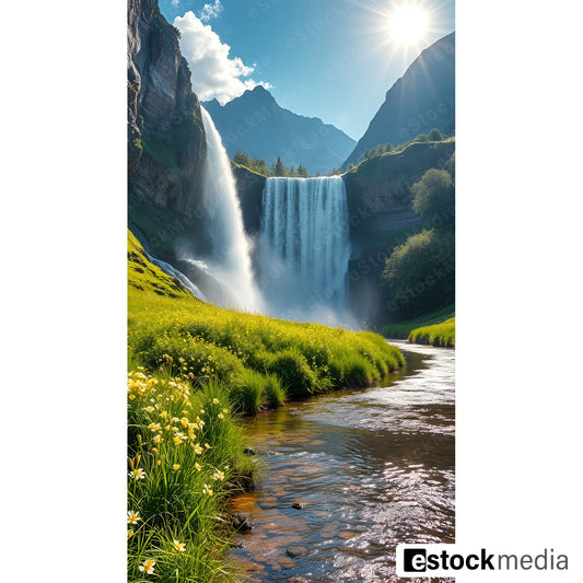 A beautiful waterfall flowing into a river, surrounded by green grass and wildflowers, with mountains in the background and sunlight shining through.