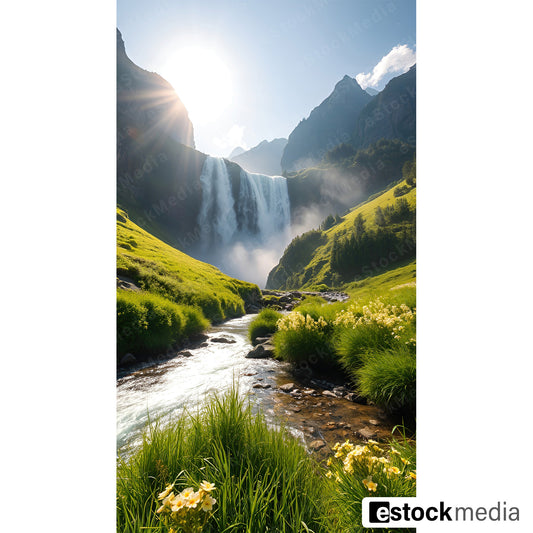 A dramatic waterfall cascading down rocky cliffs with sunlight shining, surrounded by green hills and a river flowing in the foreground.