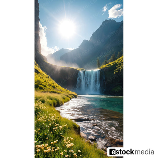 A vibrant waterfall cascading into a clear river, surrounded by green hills and during a sunny day, with mist rising and a blue sky above.