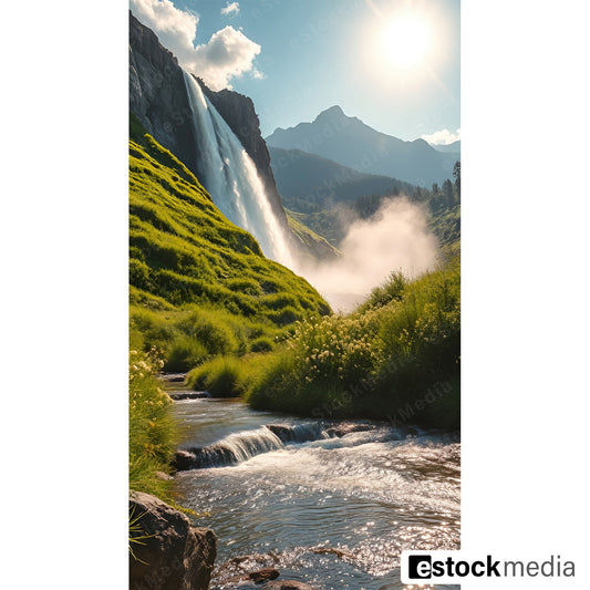 A striking waterfall cascading into a clear stream, surrounded by green hills and wildflowers, with mountains in the background and a bright sun shining overhead.