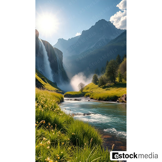 A picturesque waterfall surrounded by mountains, flowing into a serene stream with green grass and wildflowers in the foreground, all illuminated by bright sunlight.