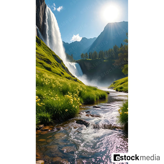 A breathtaking waterfall cascading into a reflective stream, surrounded by green hills and wildflowers, with a bright sun shining in a clear sky above.