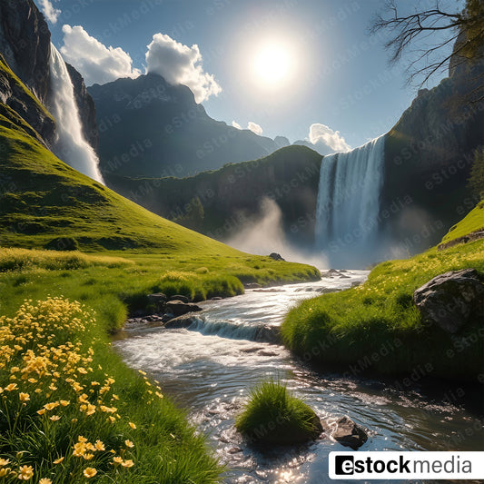A beautiful waterfall flowing into a stream, surrounded by green hills and wildflowers, beneath a bright sun and blue sky, with mist rising from the waterfall.