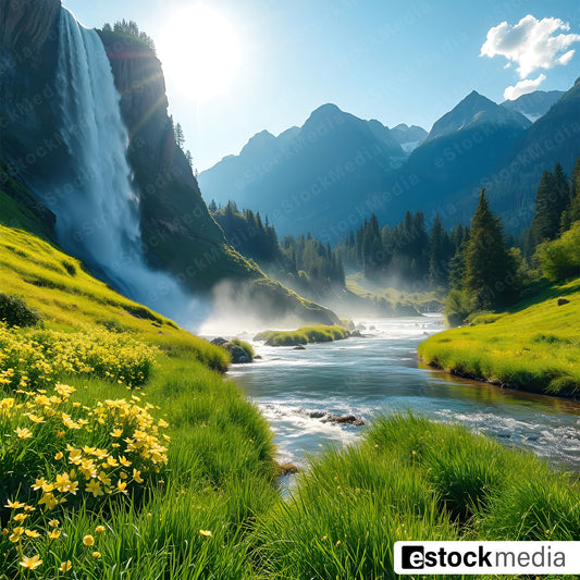 A stunning waterfall flowing into a tranquil river, surrounded by green hills and yellow flowers, with mist in the air and mountains in the background under bright sunlight.