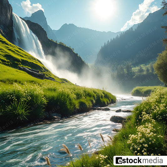 A beautiful waterfall flowing into a serene stream, surrounded by green hills and mountains, with mist rising and a bright sun shining overhead.