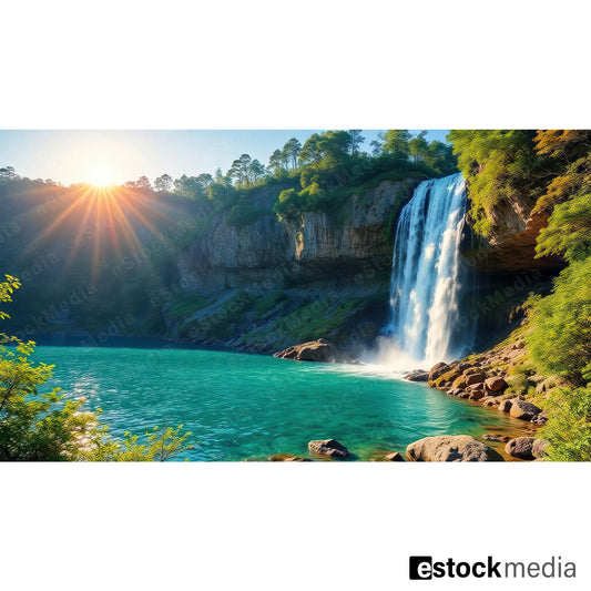 A picturesque waterfall flowing into a turquoise lagoon, framed by green trees and illuminated by sunlight peeking through the landscape.